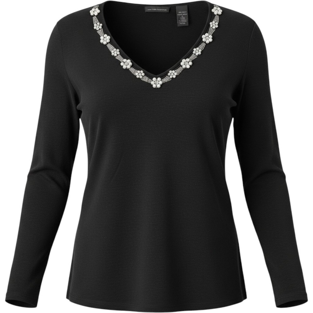New York & Company Black Cotton V-Neck Embellished Pearl Floral Top XL